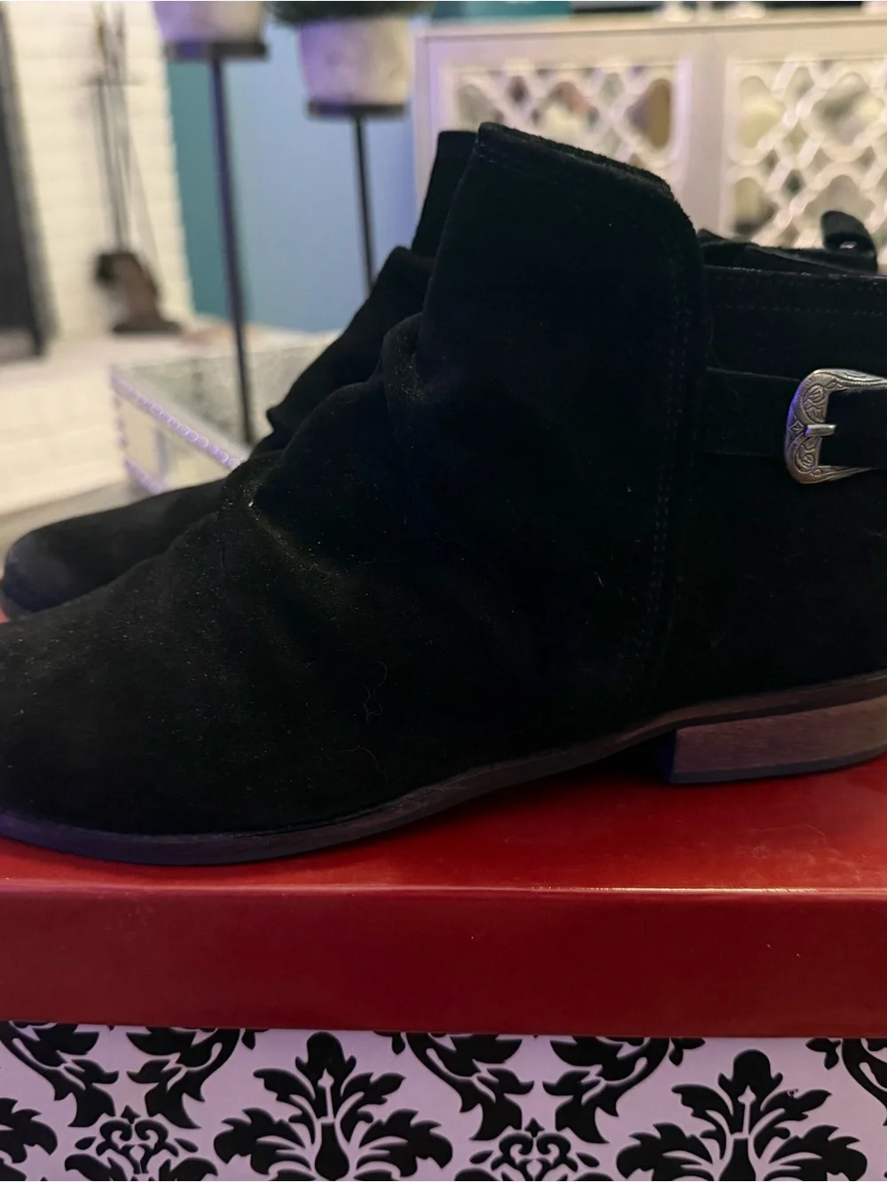 naughty monkey Black Suede Ankle Booties with Western Buckle